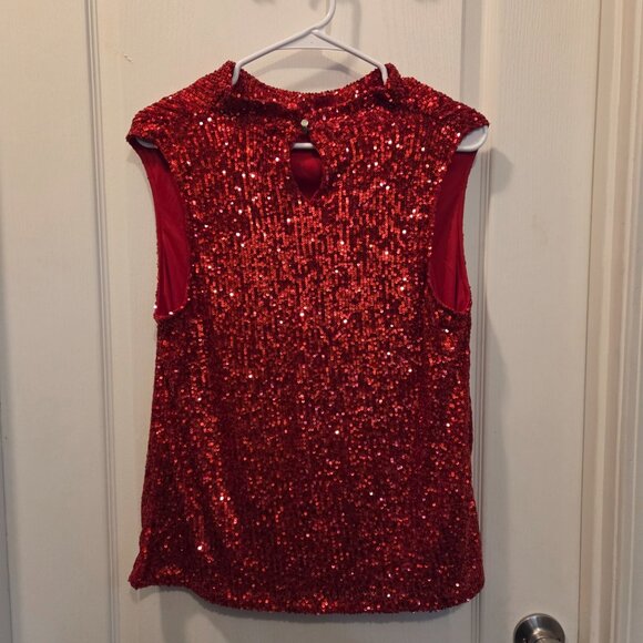 Cable & Gauge Red Sequin Mock Neck Shell Top - Sparkle & Stretch - Size Large - Picture 3 of 8